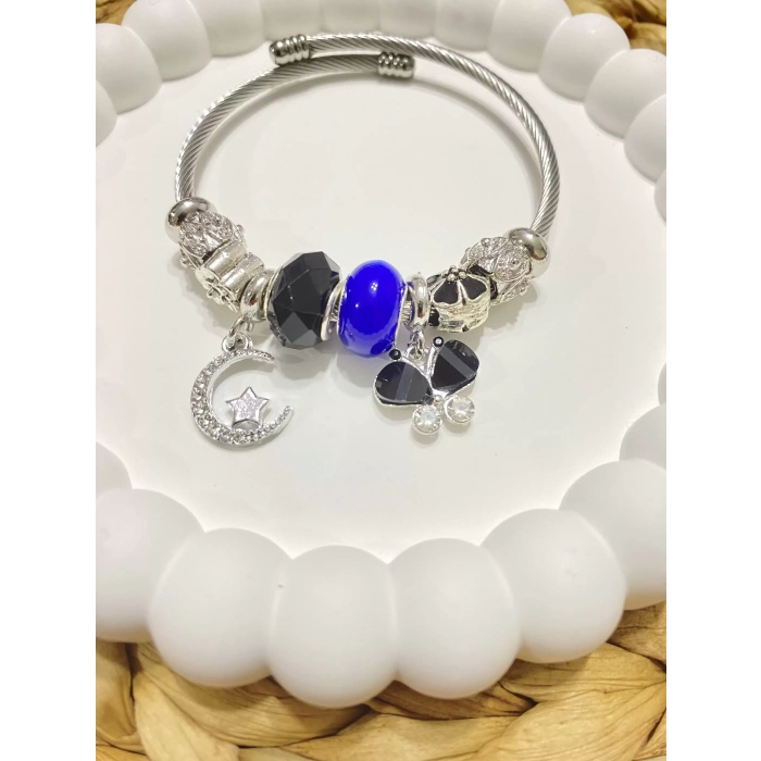 ÇELİK GÜMÜŞ RENK MAVİ PANDORA BİLEKLİK