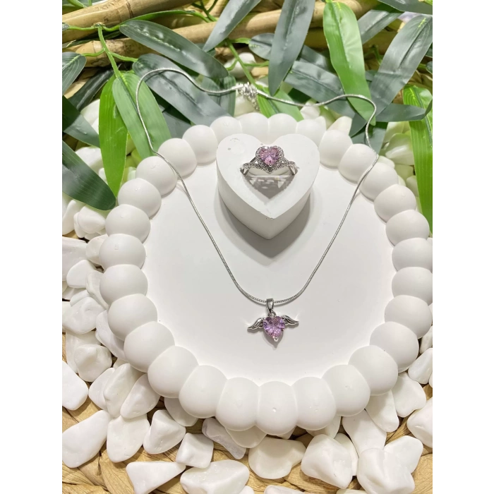 ÇELİK SİLVER PEMBE KANATLI KALP DETAYLI KOLYE