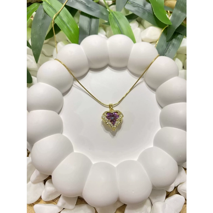 ÇELİK GOLD KRİSTAL MOR ZİRKON TAŞLI OKYANUSUN KALBİ IŞILTILI KALPLİ KOLYE