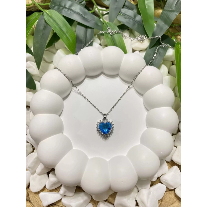 ÇELİK SİLVER MAVİ ZİRKON TAŞLI KALP KOLYE