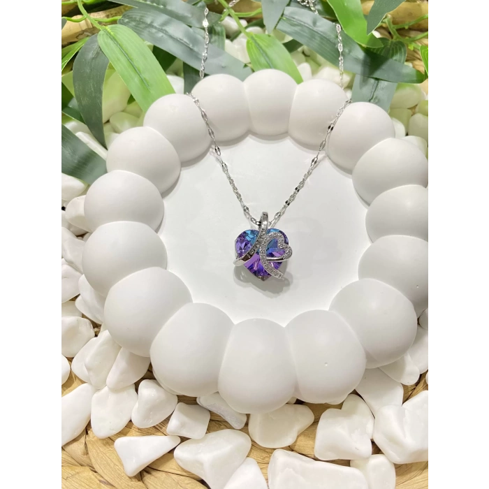 ÇELİK SİLVER KRİSTAL MOR TAŞLI I LOVE YOU YAZILI OKYANUSUN KALBİ IŞILTILI KALP KOLYE