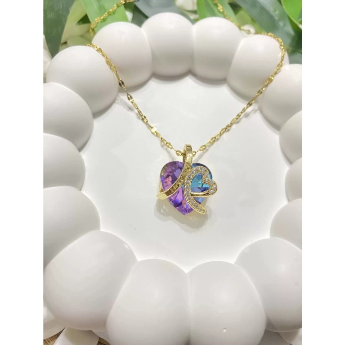 ÇELİK GOLD KRİSTAL MOR TAŞLI I LOVE YOU YAZILI OKYANUSUN KALBİ IŞILTILI KALP KOLYE