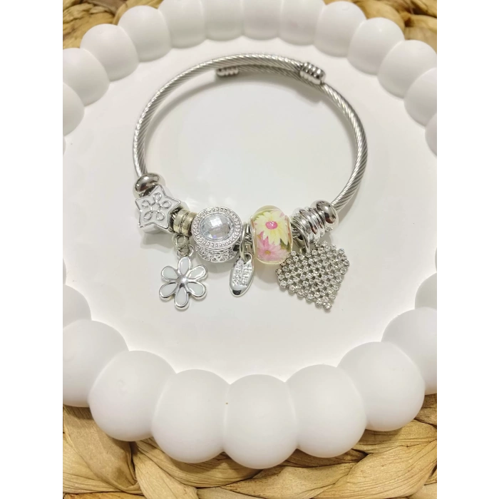 ÇELİK GÜMÜŞ RENK PEMBE PANDORA BİLEKLİK