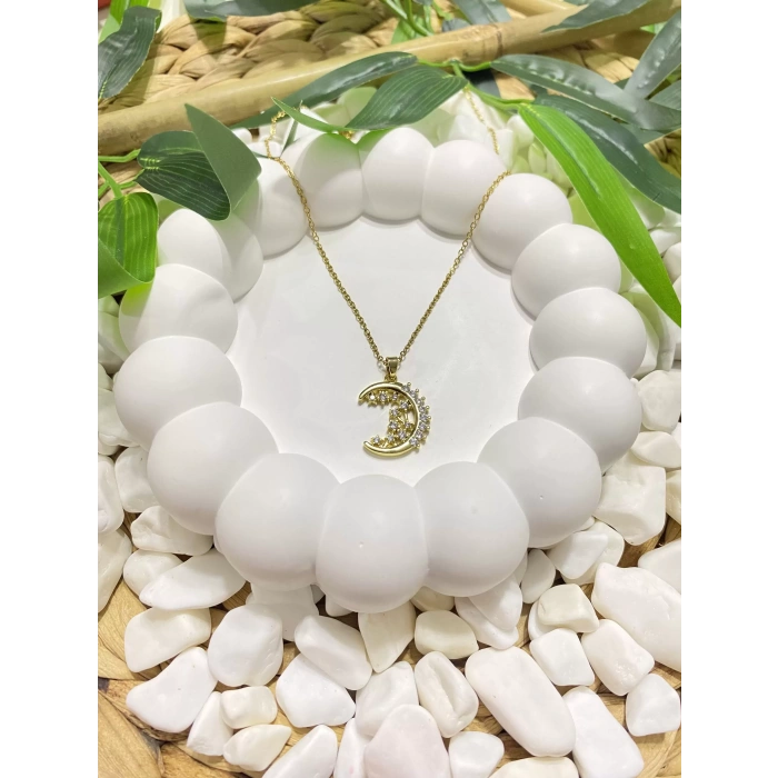 316L ÇELİK AY FİGÜRLÜ TAŞLI KOLYE