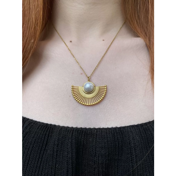 ÇELİK ANTİK İNCİ YELPAZE KOLYE