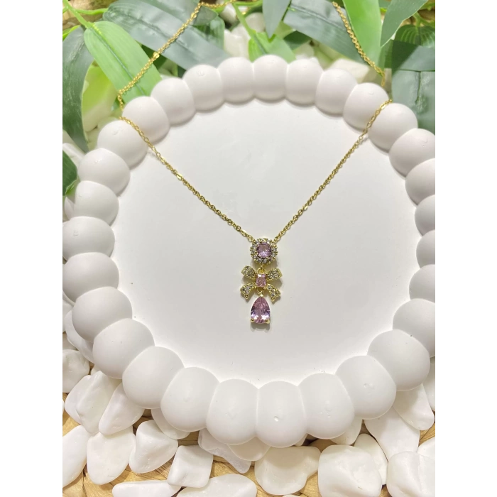 ÇELİK GOLD PEMBE KALP VE FİYONK DETAYLI KOLYE