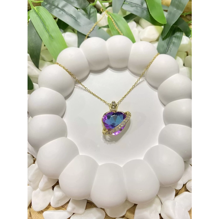 ÇELİK GOLD KRİSTAL MOR TAŞLI MİNİ TAÇ DETAYLI OKYANUSUN KALBİ IŞILTILI KALP KOLYE