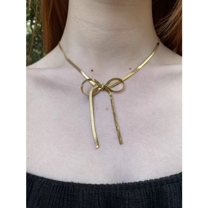 ÇELİK ALTIN RENK KURDELE FİGÜRLÜ KOLYE