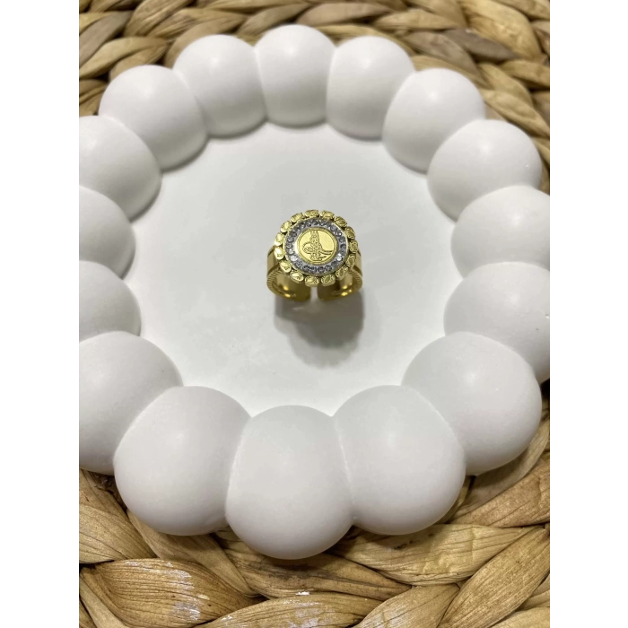 ÇELİK ALTIN RENK TUĞRA FİGÜRLÜ AYARLANABİLİR YÜZÜK