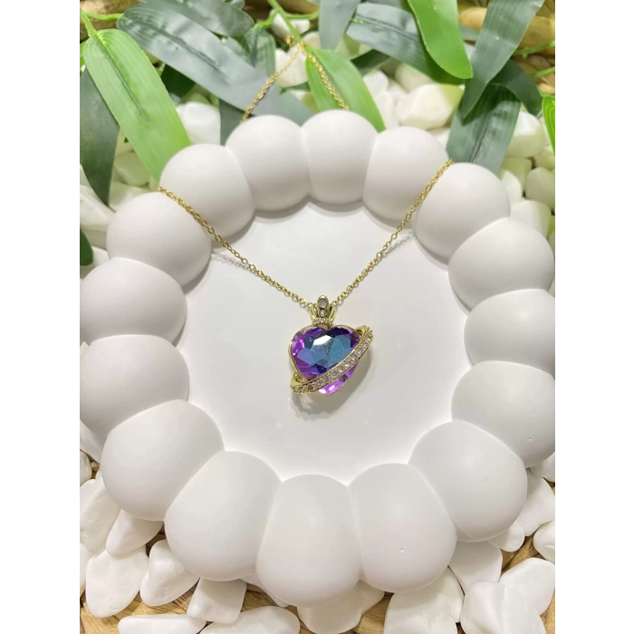 ÇELİK GOLD KRİSTAL MOR TAŞLI MİNİ TAÇ DETAYLI OKYANUSUN KALBİ IŞILTILI KALP KOLYE