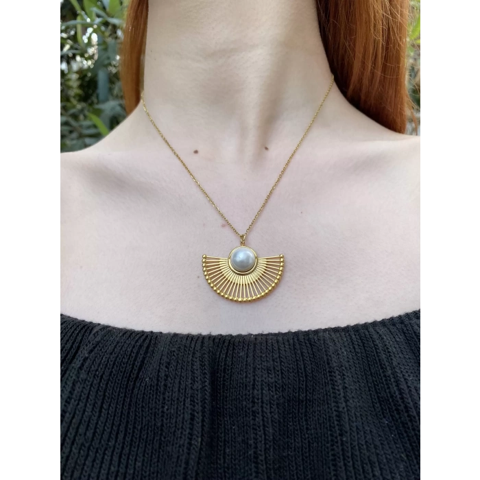 ÇELİK ANTİK İNCİ YELPAZE KOLYE