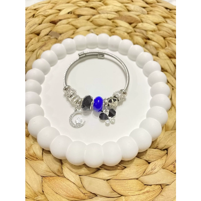 ÇELİK GÜMÜŞ RENK MAVİ PANDORA BİLEKLİK
