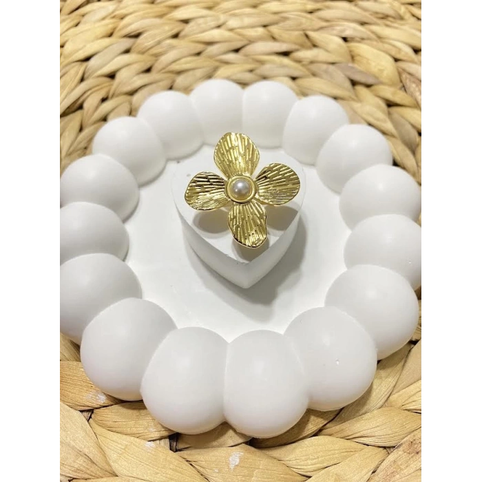 ÇELİK ÇİÇEK VE İNCİ DETAYLI AYARLANABİLİR YÜZÜK