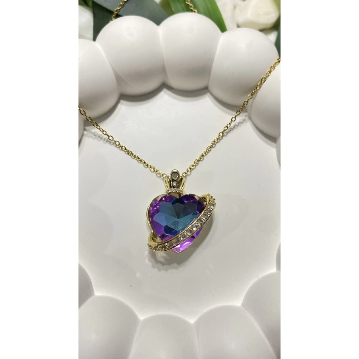ÇELİK GOLD KRİSTAL MOR TAŞLI MİNİ TAÇ DETAYLI OKYANUSUN KALBİ IŞILTILI KALP KOLYE