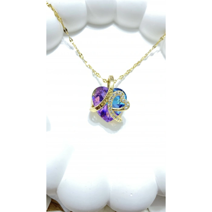 ÇELİK GOLD KRİSTAL MOR TAŞLI I LOVE YOU YAZILI OKYANUSUN KALBİ IŞILTILI KALP KOLYE