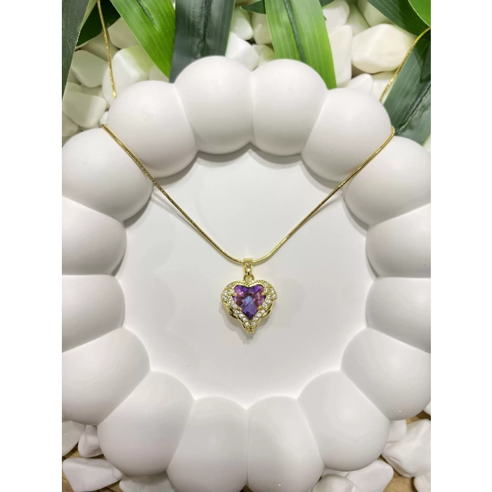 ÇELİK GOLD KRİSTAL MOR ZİRKON TAŞLI OKYANUSUN KALBİ IŞILTILI KALPLİ KOLYE