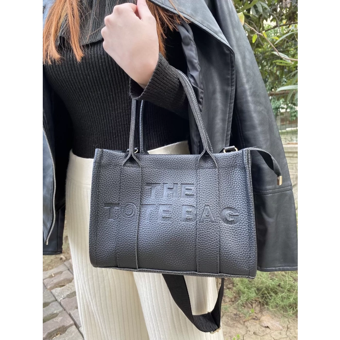 SİYAH DOKULU YAZI DETAY EL KOL ve OMUZ ÇANTASI