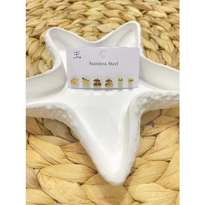 ÇELİK 6LI KİRAZ YAPRAK FİGÜRLÜ KÜPE SET GOLD