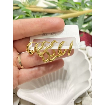 ÇELİK ALTIN RENK 6LI YILDIZ DETAYLI KÜPE SET