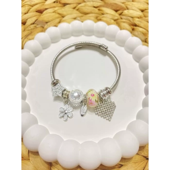 ÇELİK GÜMÜŞ RENK PEMBE PANDORA BİLEKLİK