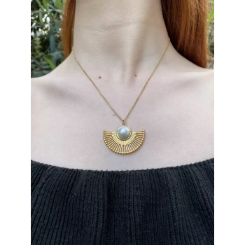 ÇELİK ANTİK İNCİ YELPAZE KOLYE