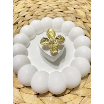 ÇELİK ÇİÇEK VE İNCİ DETAYLI AYARLANABİLİR YÜZÜK