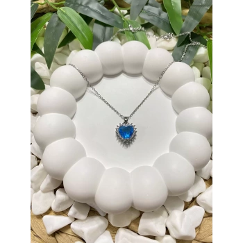 ÇELİK SİLVER MAVİ ZİRKON TAŞLI KALP KOLYE