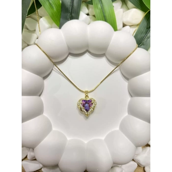 ÇELİK GOLD KRİSTAL MOR ZİRKON TAŞLI OKYANUSUN KALBİ IŞILTILI KALPLİ KOLYE