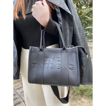 SİYAH DOKULU YAZI DETAY EL KOL ve OMUZ ÇANTASI