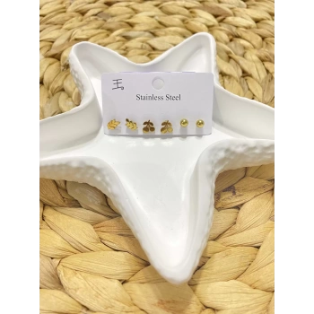 ÇELİK 6LI KİRAZ YAPRAK FİGÜRLÜ KÜPE SET GOLD