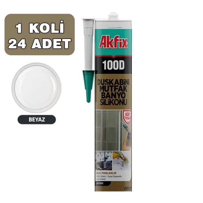 Akfix 100D Duş Kabini Mutfak Banyo Silikonu 280ml, Beyaz, 1 Koli 24 Adet