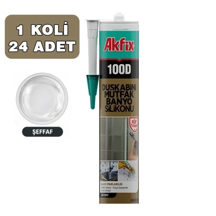 Akfix 100D Duş Kabini Mutfak Banyo Silikonu 280ml, Şeffaf, 1 Koli 24 Adet