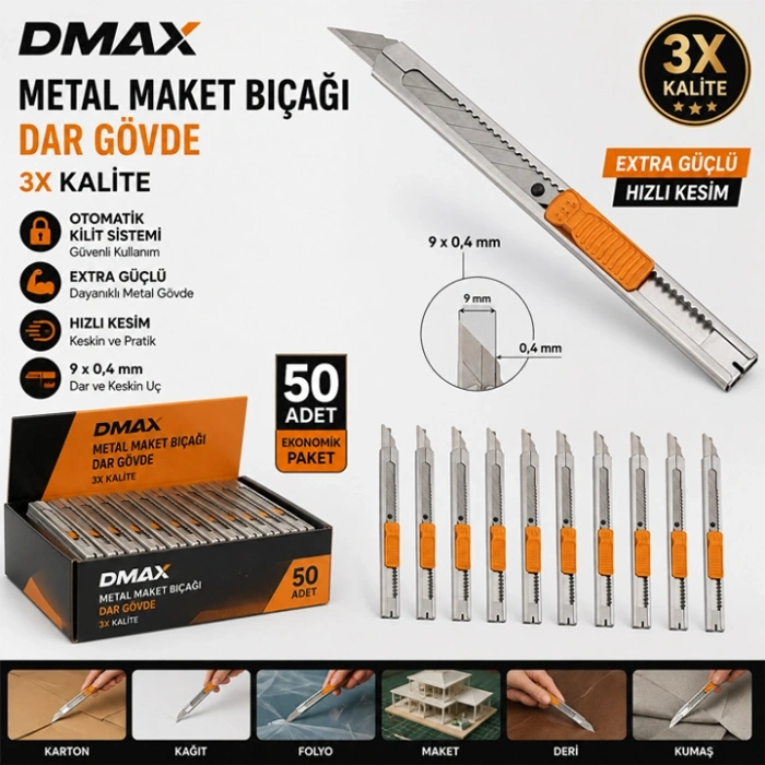 DMAX Metal Maket Bıçağı Dar Gövde, 50 Adet 9mm - 0.4mm, 3x Kalite
