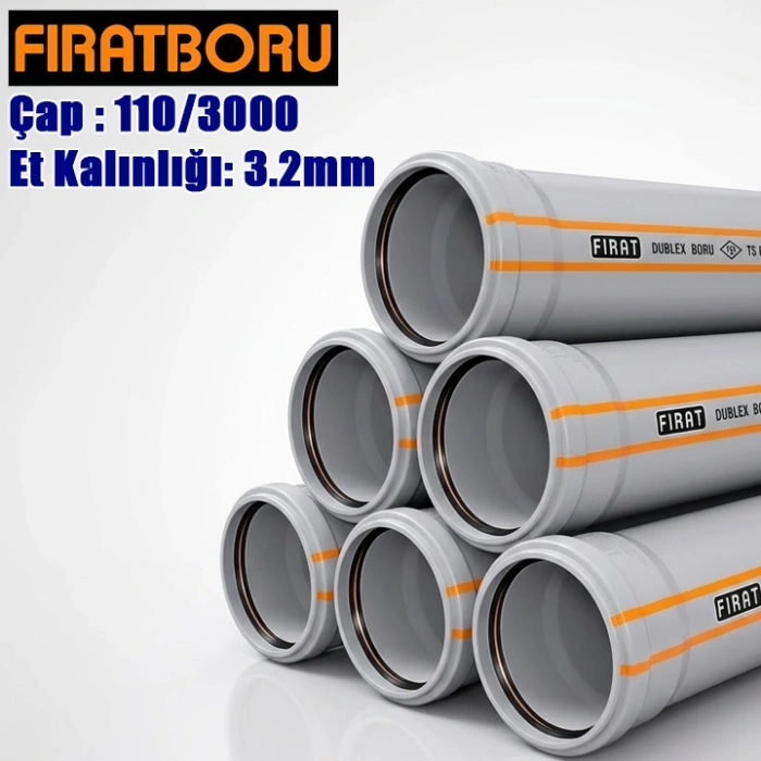 FIRAT 110/3000mm Dublex PVC Atık Su Borusu, 3.2mm Et Kalınlığı, 1 Adet