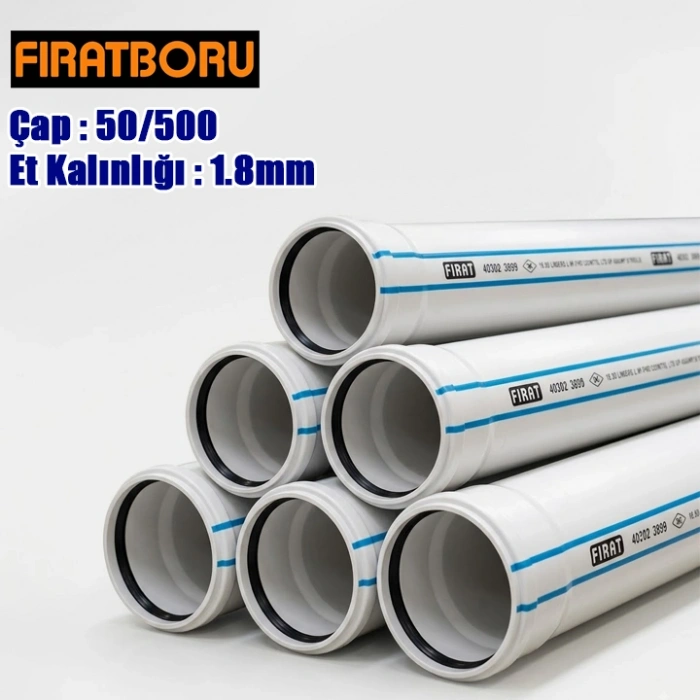 FIRAT 50/500mm PVC Atık Su Borusu, 1.8mm Et Kalınlığı, 1 Adet