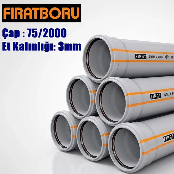FIRAT 75/2000mm Dublex PVC Atık Su Borusu, 3mm Et Kalınlığı, 1 Adet
