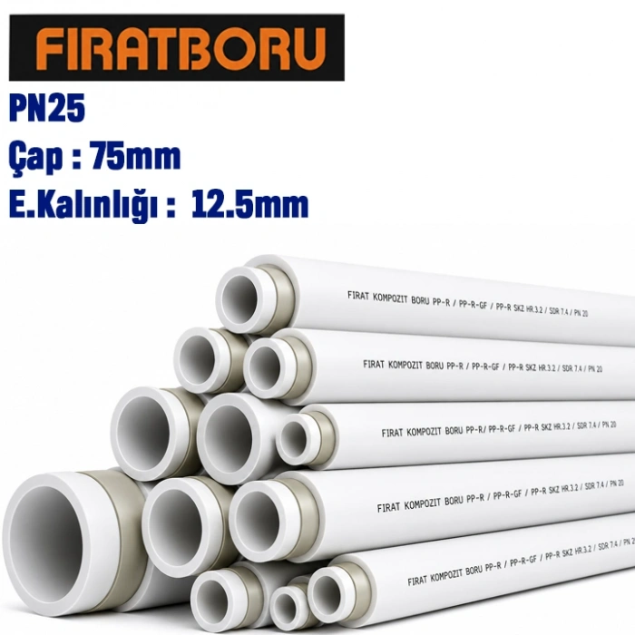 FIRAT PN25 Kompozit PPRC Boru 75mm 4mt, Cam Elyaf Takviyeli, 7B00023075
