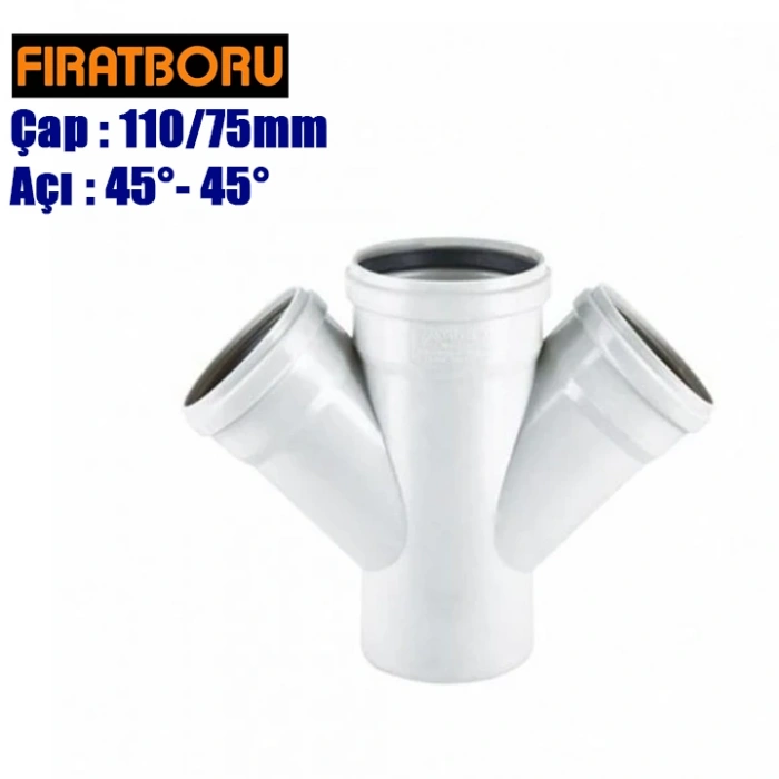 FIRAT PVC Çift Çatal 110/75mm 45°-45°, PVC Çift Çatal 45°-45°, 1 Adet
