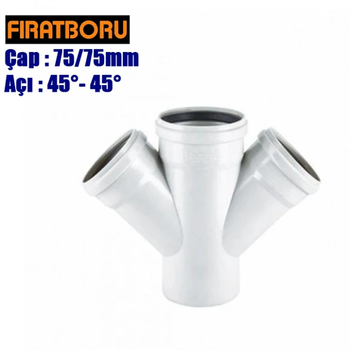 FIRAT PVC Çift Çatal 75/75mm 45°-45°, PVC Çift Çatal 45°-45°, 1 Adet