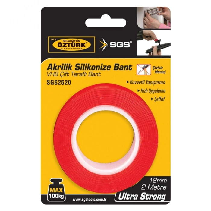 SGS Akrilik Silikonize Bant, VHB Çift Taraflı Bant, 2mt x 18mm