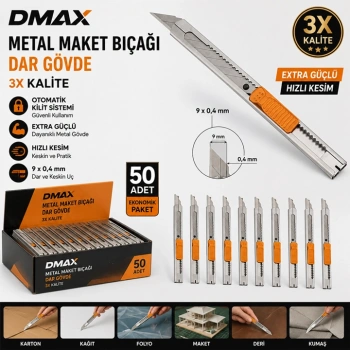 DMAX Metal Maket Bıçağı Dar Gövde, 50 Adet 9mm - 0.4mm, 3x Kalite