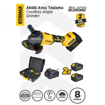 RTRMAX Şarjlı Avuç Taşlama Makinası Kömürsüz 125mm 8.500 Rpm 2x4 Ah 20v Çift Akü S-lion - Akü Dahil