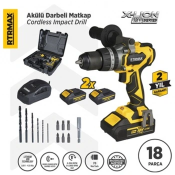 RTRMAX Şarjlı Darbeli Matkap Seti, Çift Akülü 4 A.h., 18 V(2 YIL GARANTİ)