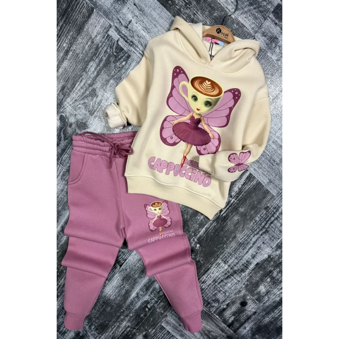3 İplik Ballerina Cappucino Desenli Kız Çocuk Eşofman Takım