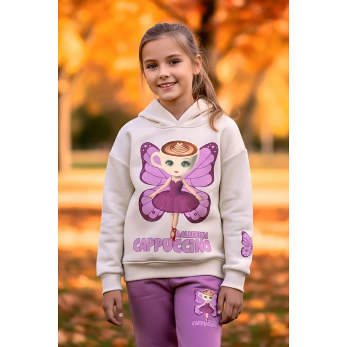 3 İplik Ballerina Cappucino Desenli Kız Çocuk Eşofman Takım