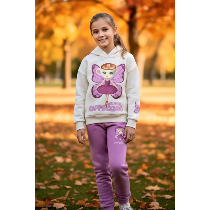 3 İplik Ballerina Cappucino Desenli Kız Çocuk Eşofman Takım