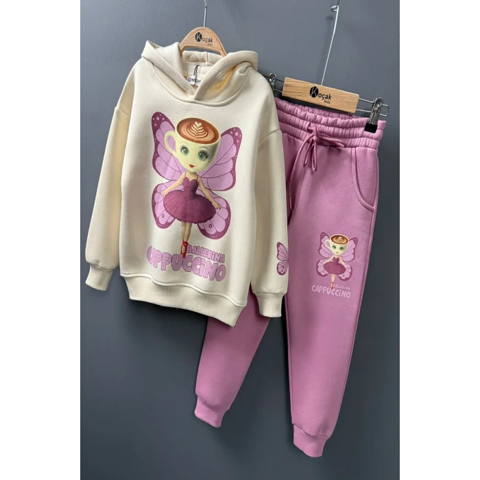 3 İplik Ballerina Cappucino Desenli Kız Çocuk Eşofman Takım