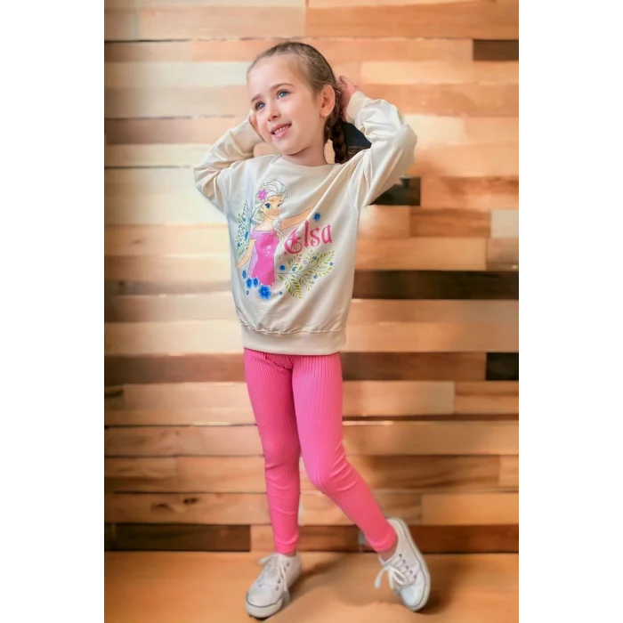 Elsa Desenli Mevsimlik Pembe Renk Taytlı Takım