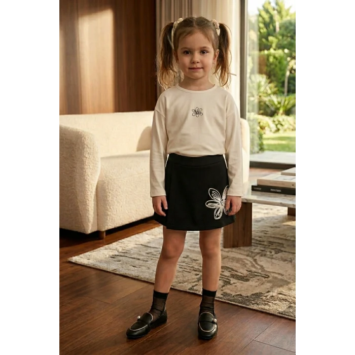 Nakışlı Şort Etekli 2li Kız Çocuk Takım