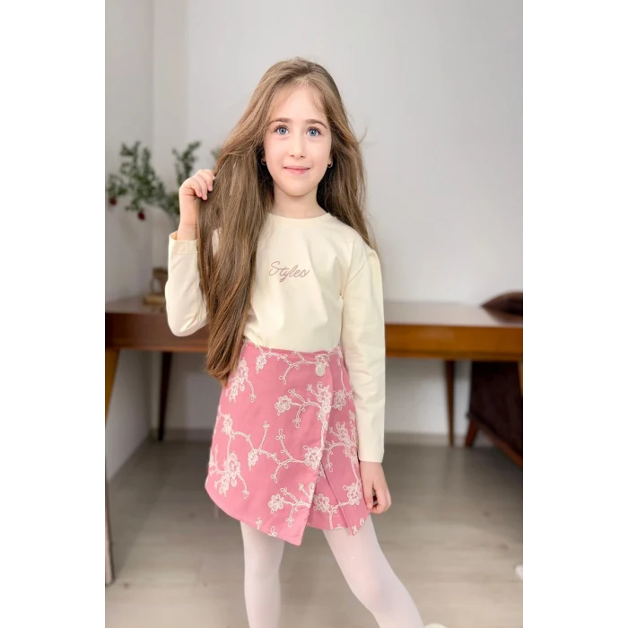 Brode Desen Şort Etekli Pembe Renk Kız Çocuk Takım